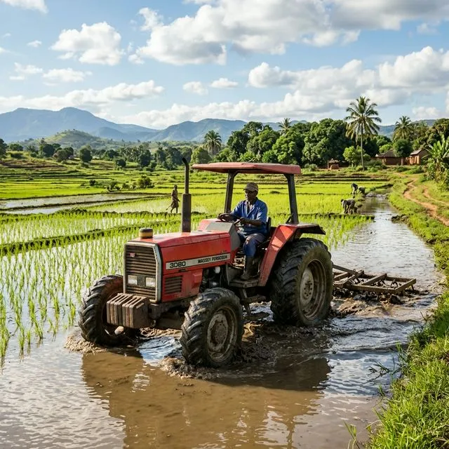 Tracteur Massey Ferguson MF3080 au travail dans les rizières